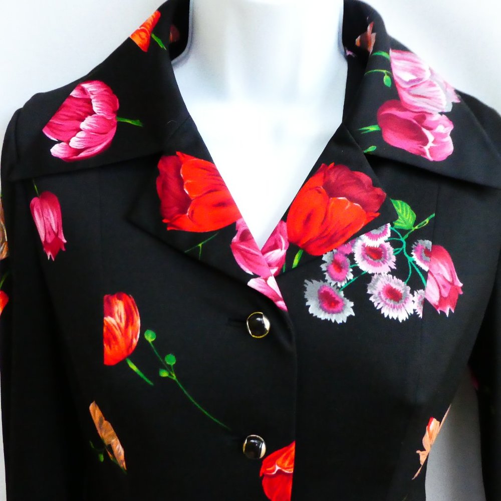 Vintage 70s 2pc Maxi Dress Jacket Suit Set Black Floral Sweetheart V Neck Moody - Picture 7 of 12